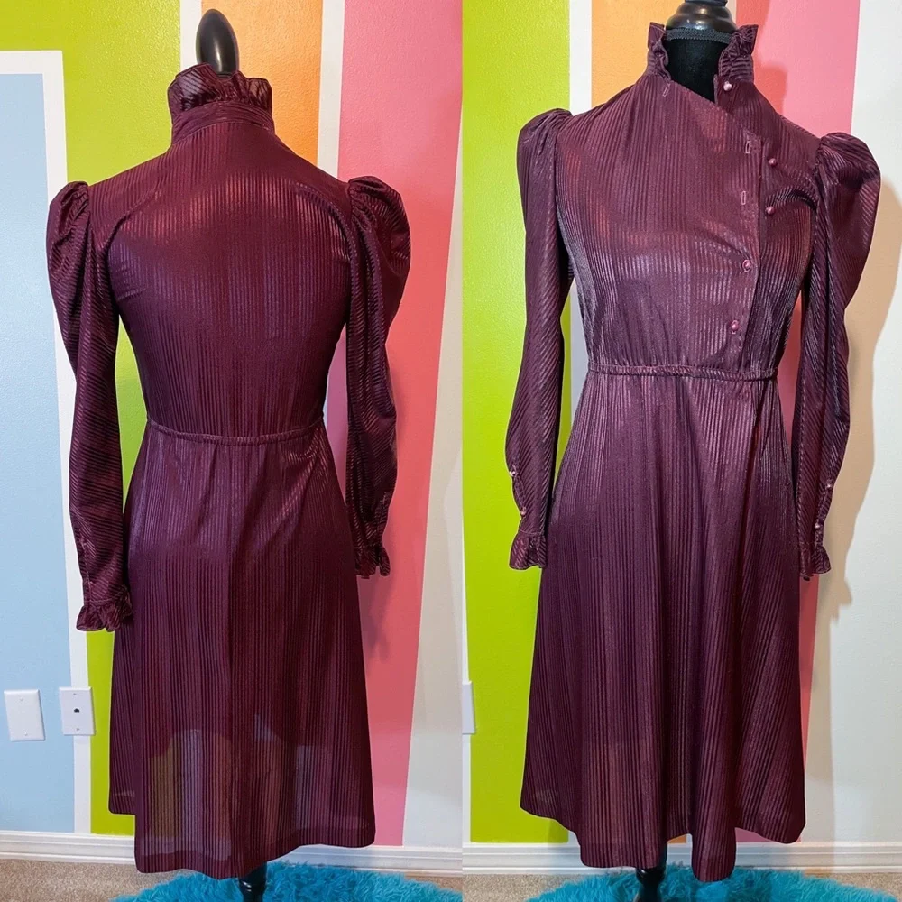 Vintage Merlot Ruffle High-Neck Puff Sleeve Dress - Picture 12 of 12